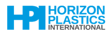 A blue and grey logo for hormel plastic international.